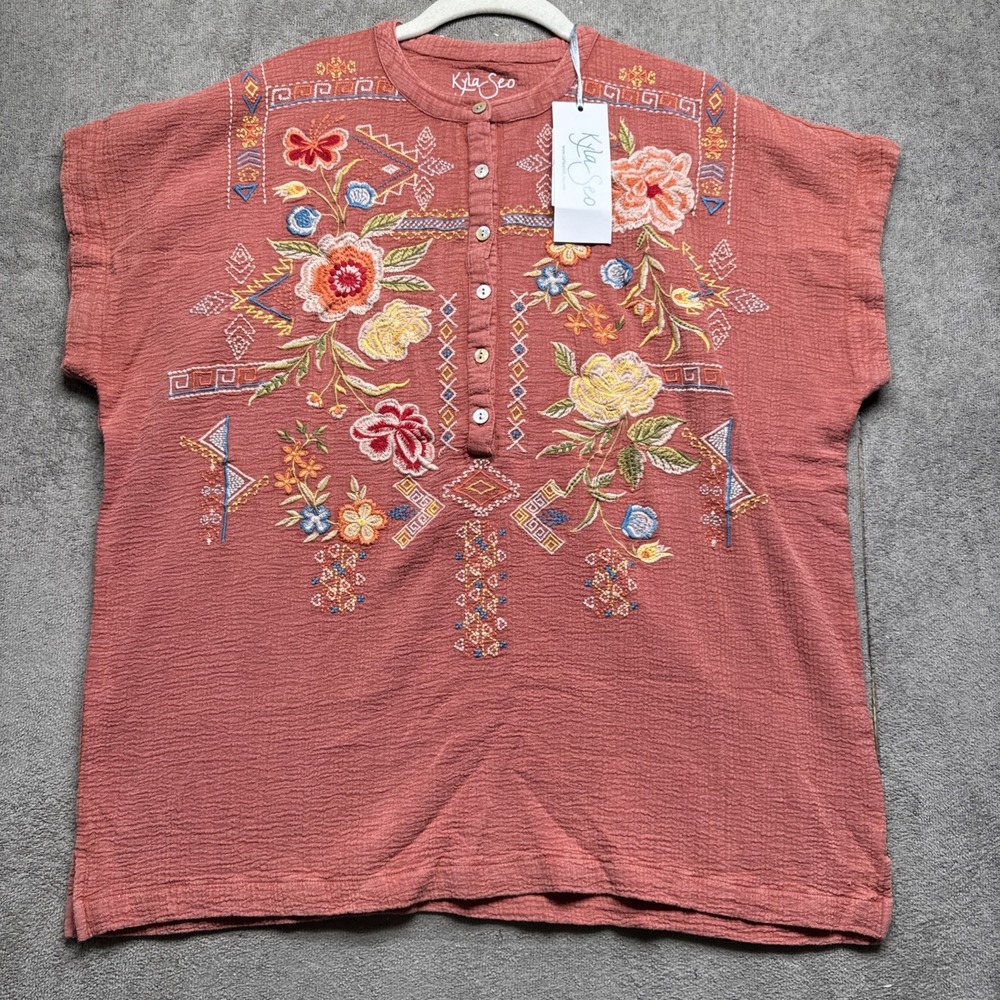 Kyla Seo Boho Embroidered Henley Blouse Coral Floral Cotton Top Women's Small